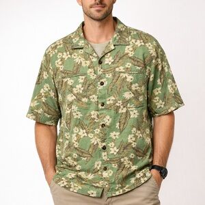 ExOfficio Green Floral Button Front Mesh Vent Camp Shirt Men’s L